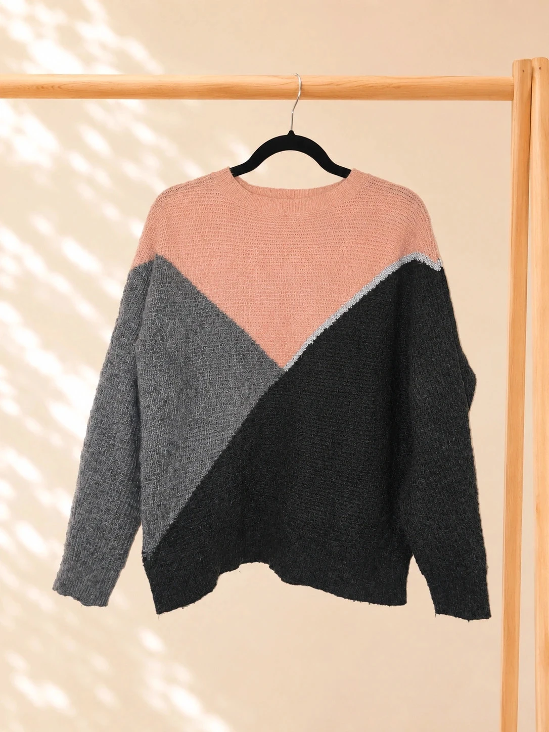 Roze poeder grijs zwart vrouwelijke trui T3 zacht gebreid colorblock cocooning stijl M L – photo 2